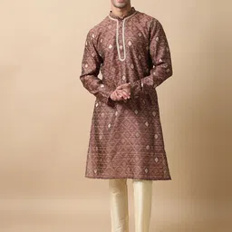 FILORI Geometric Printed Mandarin Collar Thread Work Art Silk Jacquard Straight Kurta-picture-33
