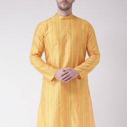 DEYANN Men Yellow Woven Design Jacquard Silk Kurta-18