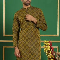 Anouk Olive Green Ethnic Motifs Jacquard Woven Design Cotton Silk Straight Kurta-picture-6