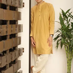 Spring Soul Mustard Yellow Cotton Jacquard Mandarin Collar Flared Kurta-image-87
