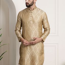 Sojanya Men Beige & Golden Ethnic Motifs Jacquard Kurta-image-3