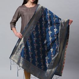 Lilots Blue & Gold-Toned Ethnic Motifs Woven Design Dupatta-11