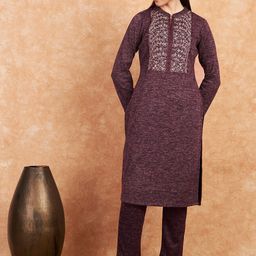 HK colours of fashion Woven Design Mandarin Collar Thread Work Straight Kurta & Trousers-image-10