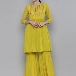 Kvsfab Women Yellow Embroidered Pleated Mirror Work Kurta with Sharara-image-2