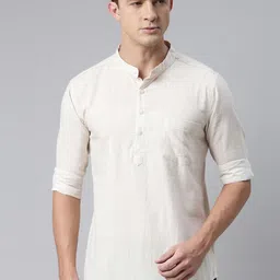Kryptic Men Beige Solid Mandarin Collar Cotton Straight Short Kurta-picture-25