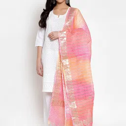 SOUNDARYA Pink & Orange Striped Gota Patti Cotton Dupatta-picture-52