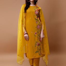 KALINI Round Neck Ethnic Motifs Embroidered Regular Thread Work Chanderi Cotton Kurta Set-27