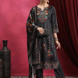 Vishudh Black Floral Printed Notch Round Neck Straight Kurta & Palazzos With Dupatta-image-9