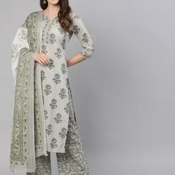 Nayo Women Grey Floral Printed Pure Cotton Kurta with Palazzos & With Dupatta-12