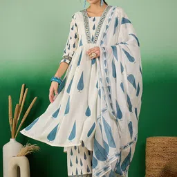 Sangria Ethnic Motifs Printed Pure Cotton V-Neck A-Line Kurta With Palazzo & Dupatta-51