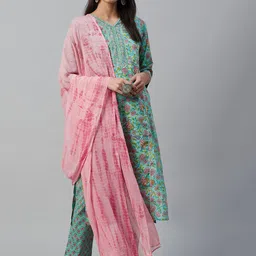 Yuris Women Green & Peach-Coloured Printed Kurta with Palazzos & Dupatta-22