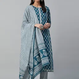 Yuris Women Navy Blue & White Printed Pure Cotton Kurta with Palazzos & Dupatta-9
