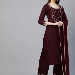 KALINI Women Maroon Floral Embroidered Gotta Patti Kurta with Palazzos & With Dupatta-image-57