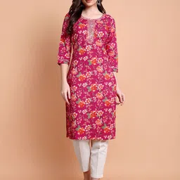 RI AND SU Floral Printed Round Neck Sequinned Pure Cotton Straight Kurta-10