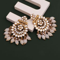 CAPILITE Jewellers Brass-Plated Kundan Studded And Pearls Beaded Floral Drop Earrings-image-95