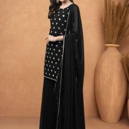 PARROT CREATION Geometric Embroidered Georgette Straight Kurti With Sharara & Dupatta image 5