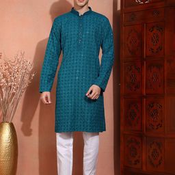 SWAGG INDIA Men Ethnic Motifs Embroidered Chikankari Kurta-image-95