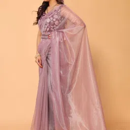 PATLANI STYLE Solid Twill net Saree with  Embroidered Belt And unstitched blouse piece image 3