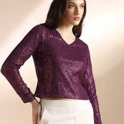 Globus Women Burgundy V-Neck Long Sleeves Sequin Embellished Top-picture-10