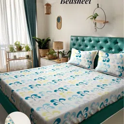 Arrabi Off White & Purple Floral Printed Fitted 310 TC King Bedsheet Set 2.54 m x 2.18 m-image-64