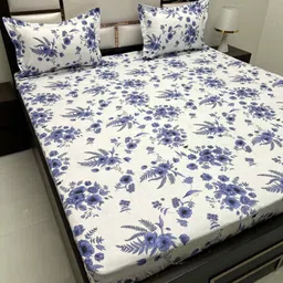 Pure Decor Blue & Blue Floral Queen Bedsheet with 2 Pillow Covers-image-86