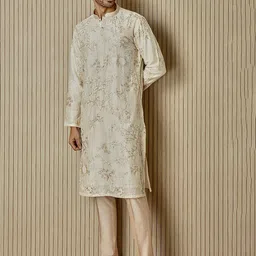 ASUKA Men Floral Embroidered Regular Thread Work Chanderi Silk Kurta with Pyjamas-44