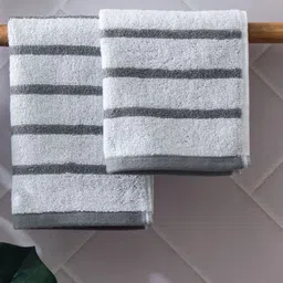 Home Centre Colour Refresh Essense 2Pcs Grey & White Striped Cotton Soft Face Towels-25