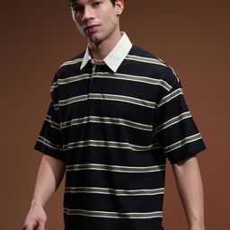 HIGHLANDER Men Striped Polo Collar Oversized T-shirt-image-47