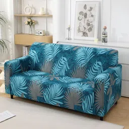 HOKIPO Blue & Grey Printed Polyester 1 Piece Sofa Cover With Arms-image-14