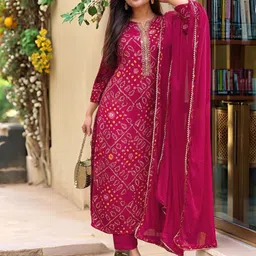 GoSriKi Women Bandhani Printed Kurta with Trousers & Dupatta-3