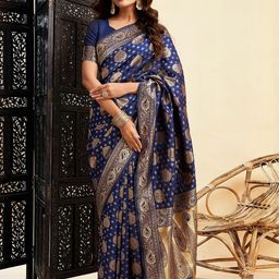 HERE&NOW Ethnic Motifs Zari Silk Blend Banarasi Saree-image-70