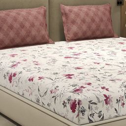 Monte Carlo White & Pink Printed Cotton 110TC Queen Bedsheet Set -2.3m x 2.5 m-picture-44