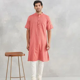 Fabindia Striped Band Collar Straight Cotton Kurta-image-65