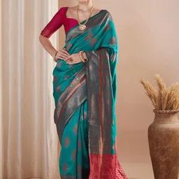 Saree mall Ethnic Motifs Zari Banarasi Sarees With Unstitched Blouse Piece-image-5