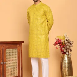 Anouk Mustard Geometric Printed Mandarina Collar Kurta With Pyjama image 4