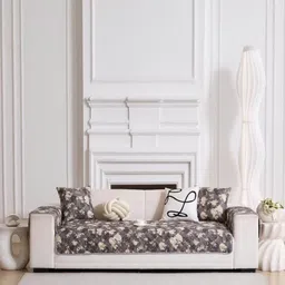 HomeCloud Grey & White Printed Cotton 5 Seater Sofa Cover-image-63