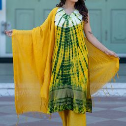 ASPORA Abstract Printed V-Neck Pure Silk Kurta With Trousers & Dupatta-0