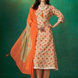 Sangria Women Pure Cotton Printed Anarkali Kurta With Trousers & Dupatta Set-image-51