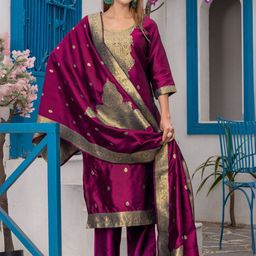 NIZA FASHION Floral Woven Design Jacquard Art Silk Kurta With Trousers & Dupatta-20