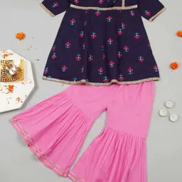 LITTLE GINNIE Girls Floral Printed Gotta Patti Pure Cotton Kurti with Sharara-picture-30