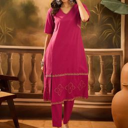 Sangria Floral Embroidered Thread Work Pure Cotton Straight Kurta With Trousers-picture-14