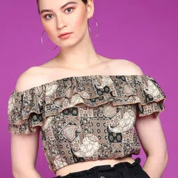 Popwings Ethnic Motifs Printed Off-Shoulder Cold-Shoulder Crop Top-image-43