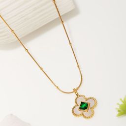 Estailo fashion Women Gold-Plated Stones-Studded Emerald Clover Pendant With Chain-image-6