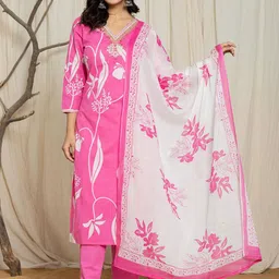 V.S.Creation Women Floral Printed Regular Mirror Work Pure Cotton Kurta Sets With Dupatta-picture-16