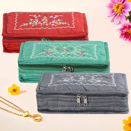 Kuber Industries Maroon & White 3 Pcs Floral Embroidery 7 Compartments Jewellery Organiser-2