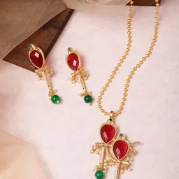 MANSIYAORANGE Gold Plated Faux Ruby Pearls Studded Pendant Earrings and Chain-image-62