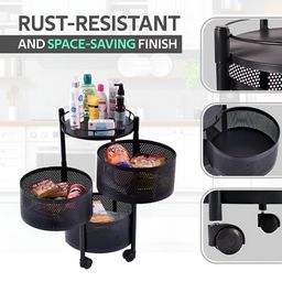 Aura Black 2 Pieces Rotating 3-Layer Multipurpose Storage Rack Trolley with Wheels image 2