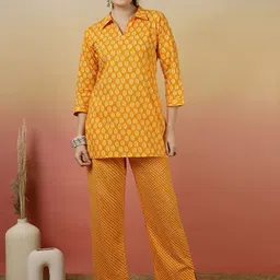 Glam Roots Printed Shirt Collar Pure Cotton Tunic With Trousers-image-3