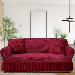 Aura Maroon Geometric Self Design 3 Seater Sofa Cover-image-87