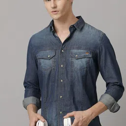 TEMPLE OF DENIM Men India Slim Spread Collar Solid Denim Casual Shirt-image-61